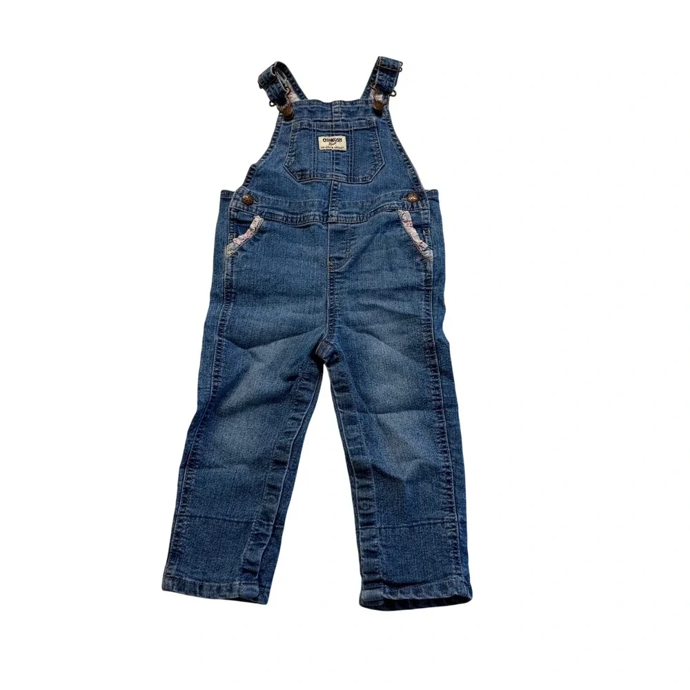 OshKosh B'gosh Girls Blue Denim Floral Lined Ruffle Trim Bib Overalls Size 2T